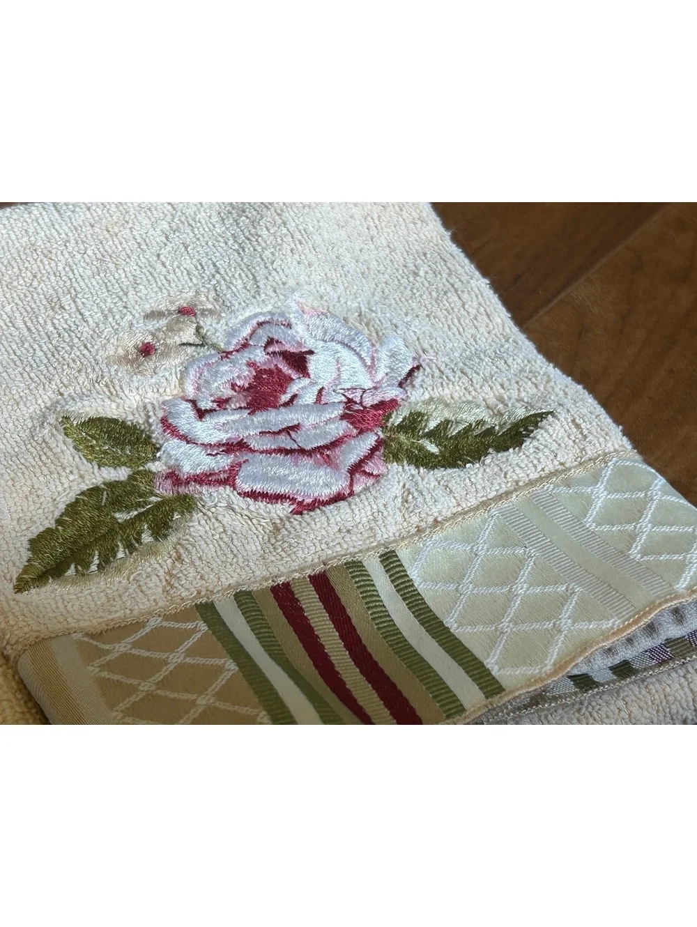 Set of Three Beige Embroidered Floral Hand Towels with Decorative Border